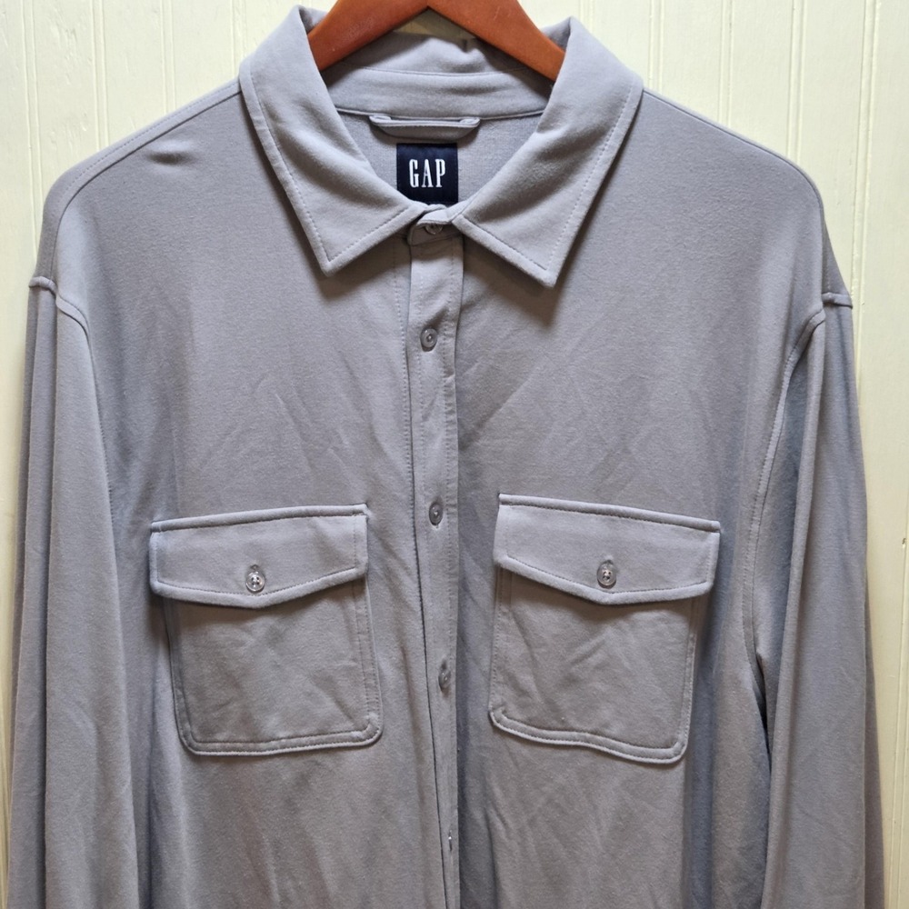 Gap Shirt Mens‎ XL Gray Solid Long Sleeve Button Front Jersey Pockets Stretch